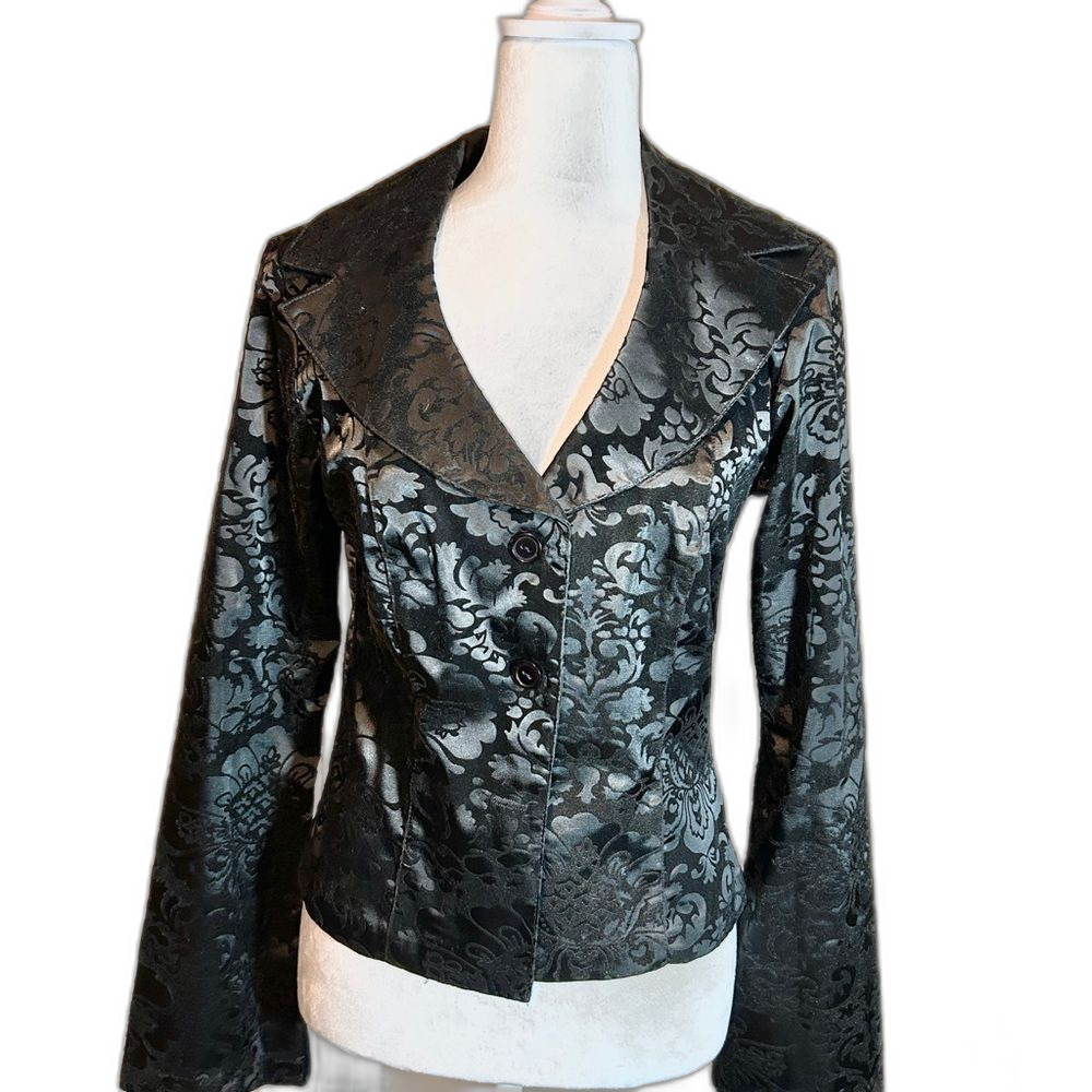 Vintage Wrapper Black Velvet Satin Brocade Floral Patterned Jacket